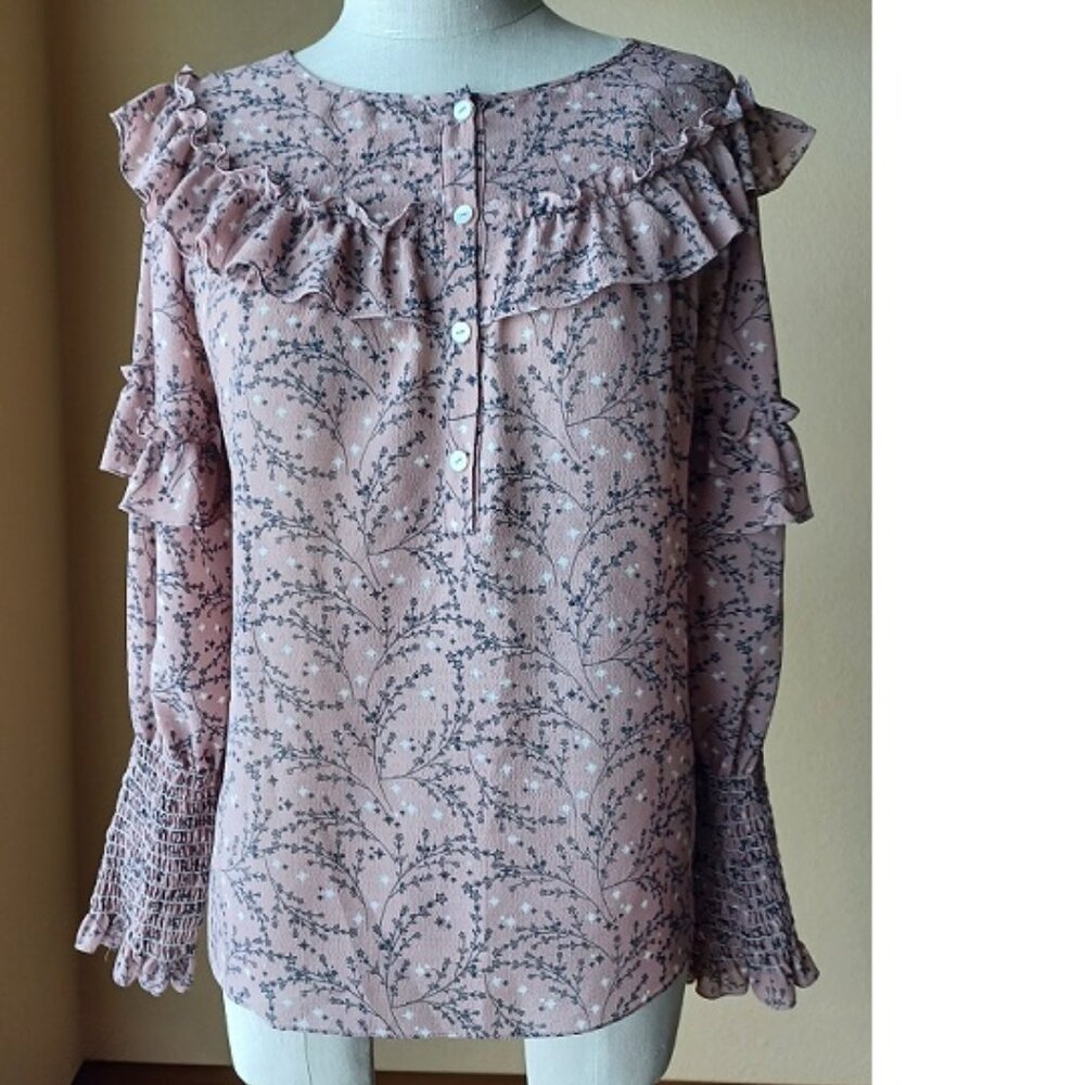 Regency Victorian style blouse ~ Ruffles, smocked sleeves, button up Coquette - Picture 2 of 5